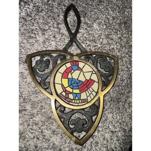 Vintage Brass and Enamel Trivet Made in Israel Oppenheim Rooster Spade By DAYAGI